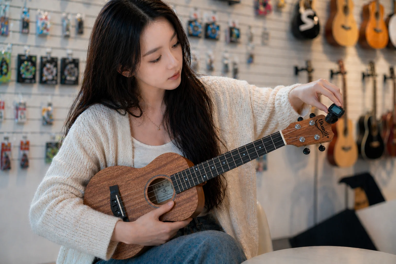 Customer tuning an Ukunili ukulele with a clip-on tuner